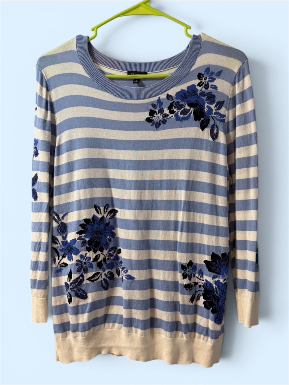 Talbots Striped Blue and Cream Floral Knit Sweater